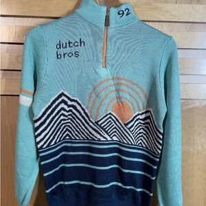 Dutch Bros Blue Zip Up Sweater with Mountain Design